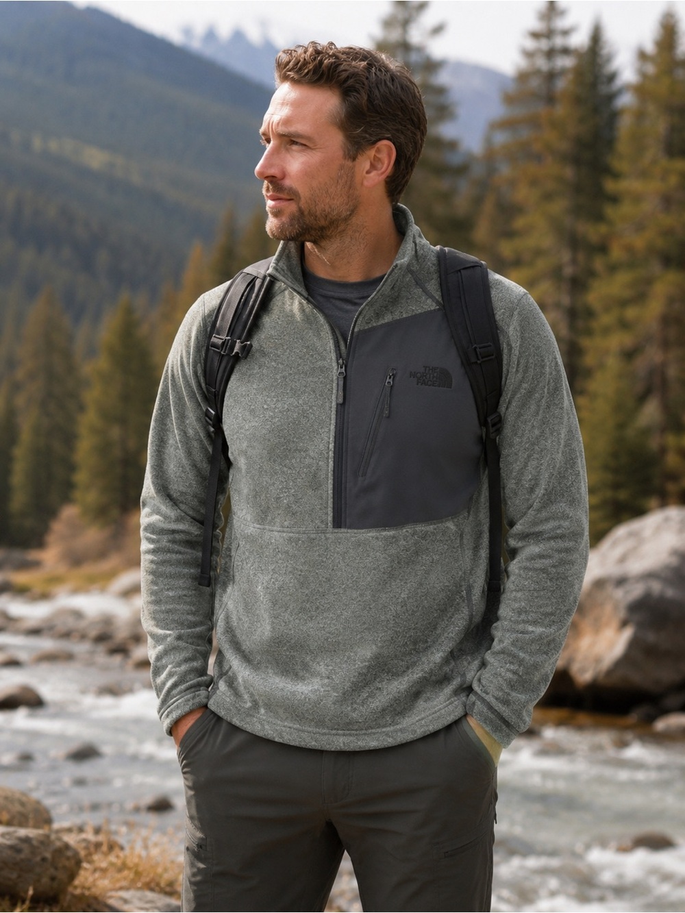 The North Face Men's Gray 1/4 Zip Chest Panel Flash Dry Fleece Jacket XL